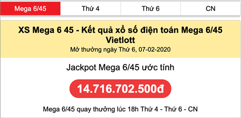 Thong ke Xo so Mega 6-45 - Jackpot uoc tinh 07-02-2020